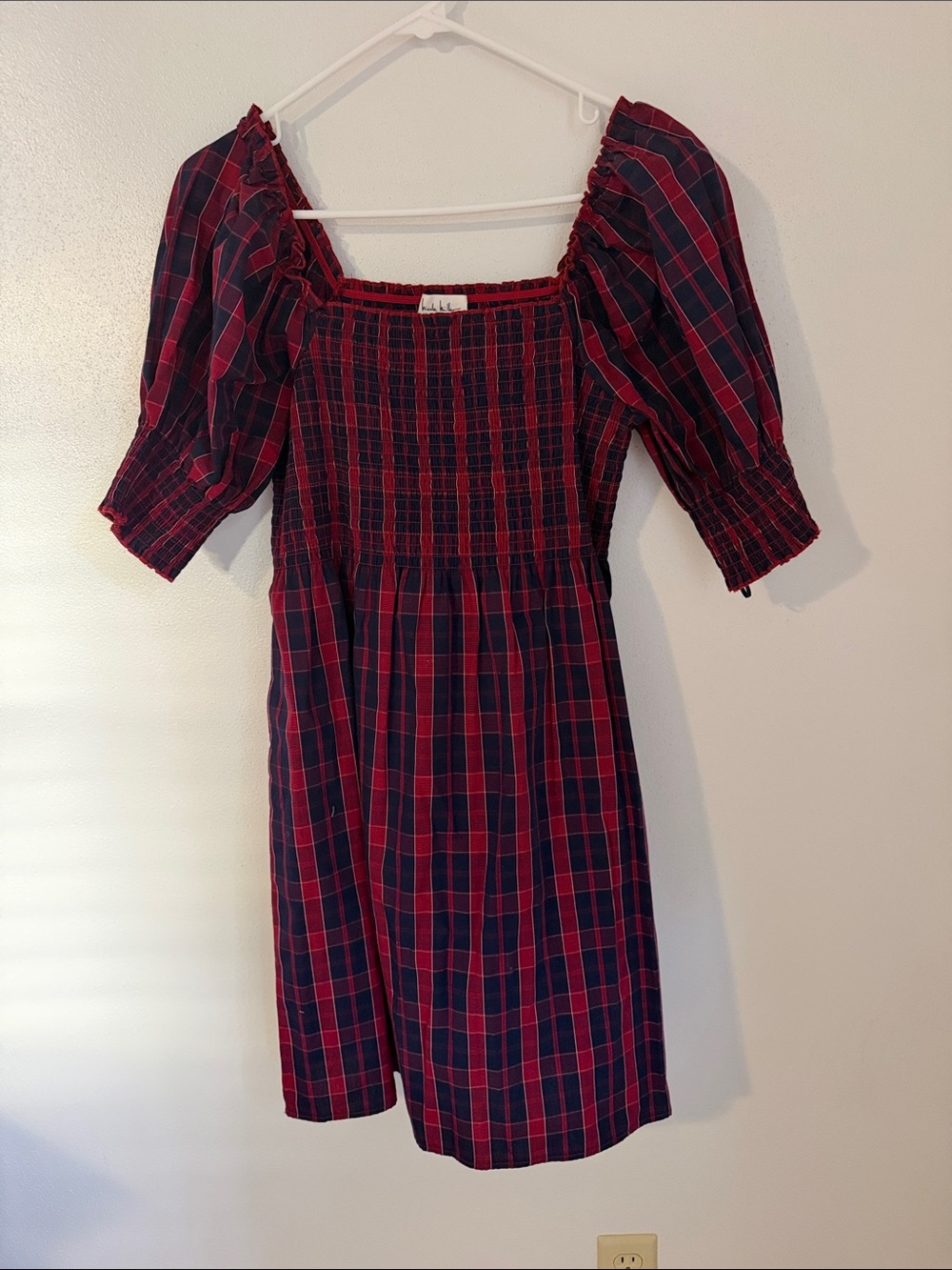 Nicole Miller Red and Navy Plaid Puff Sleeve Smocked Dress